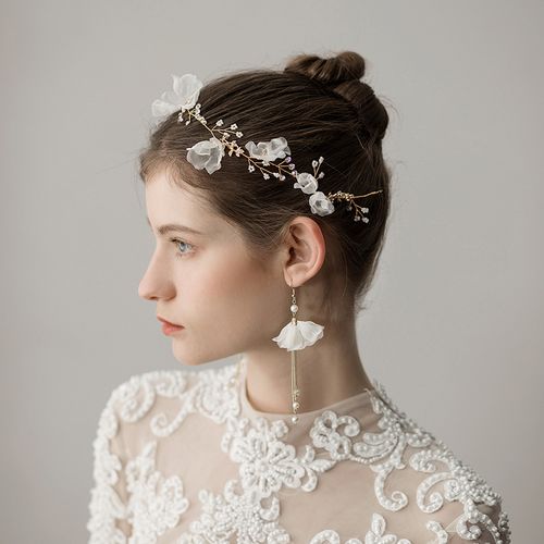 公主新娘发带头纱头饰简约气质手作花朵耳环婚纱拍照超仙美发饰品
